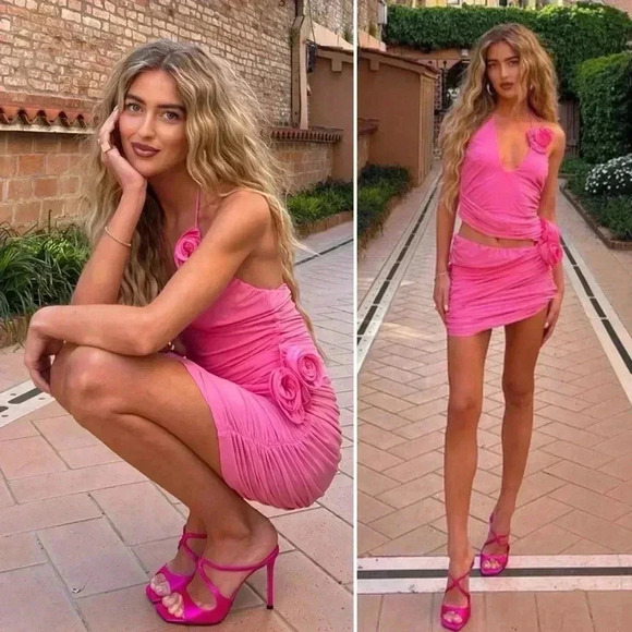 Magda Butrym Rosette Silk Jersey Pink Ruched Cutout Mini Dress 42 IT / US 6 - Picture 2 of 16